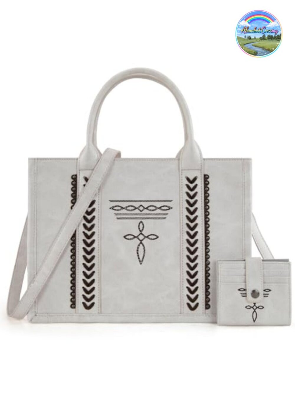 Faux Leather Longhorn Whipstitch Top Handle Tote Bag with Card Wallet